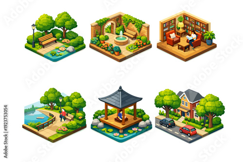 Noise free city spots. Isometric flat vector icons set of Noise free city spots: quiet city park corner, hidden courtyard garden, library reading zone,