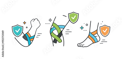 Sports injury prevention concept. Abstract limb silhouettes with supportive tape accents and shield icons nearby. Reassuring athletic