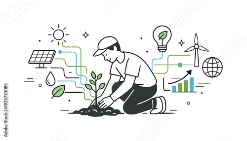 Man planting a seedling surrounded by symbols of renewable energy and growth