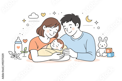 Calm family beginnings. Soft and peaceful atmosphere around early parenthood and baby growth. Editorial-style illustration expressing love,