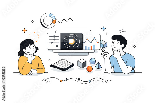 Speculative design assets. Friendly characters interacting with unfamiliar abstract interfaces, exploring ideas rather than products. Editorial tone focused on