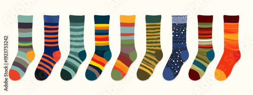 set of colorful striped socks flat style vector illustration isolated on white background