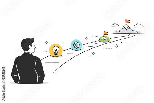 Long-term thinking. A strategist looking at a timeline stretching forward with simple icons marking future steps. Quiet confidence and clarity about direction