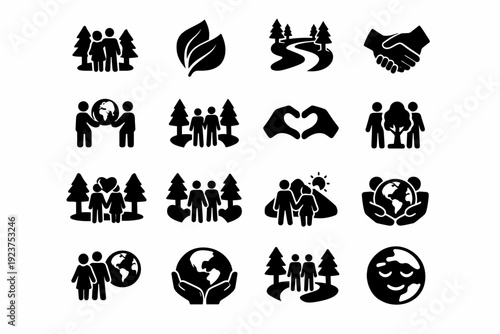 Nature Togetherness. Solid icon set of Nature Togetherness: couple in forest, harmony leaf, peaceful path, hand connection, eco bonding icon, shared trail,