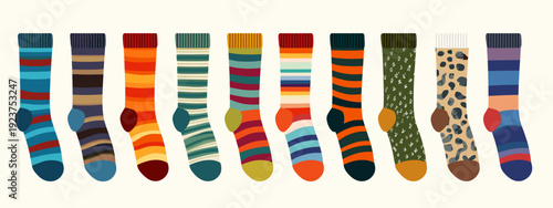 set of colorful striped socks flat style vector illustration isolated on white background