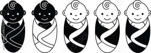 Set of cute swaddled newborn baby icons in black and white vector silhouette style for childcare maternity pediatric health and nursery decoration concepts