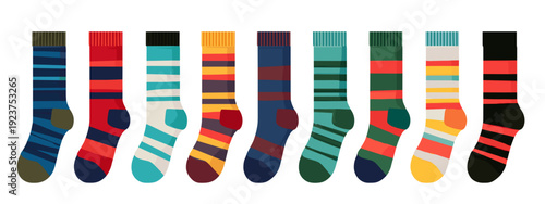 set of colorful striped socks flat style vector illustration isolated on white background
