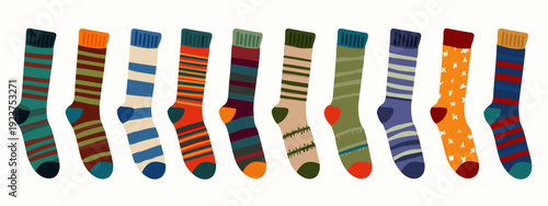 set of colorful striped socks flat style vector illustration isolated on white background