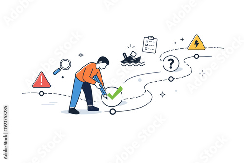 Risk management. A person marking checkpoints along a clean abstract path, identifying potential issues before moving forward. The scene reflects caution,