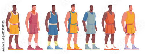 set of basketball player group of people in a row flat style vector illustration isolated on white background