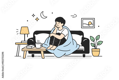 Sunday evening moods. A person sits on a sofa with a blanket and soft lighting, reflecting quietly as the weekend winds down. The scene feels