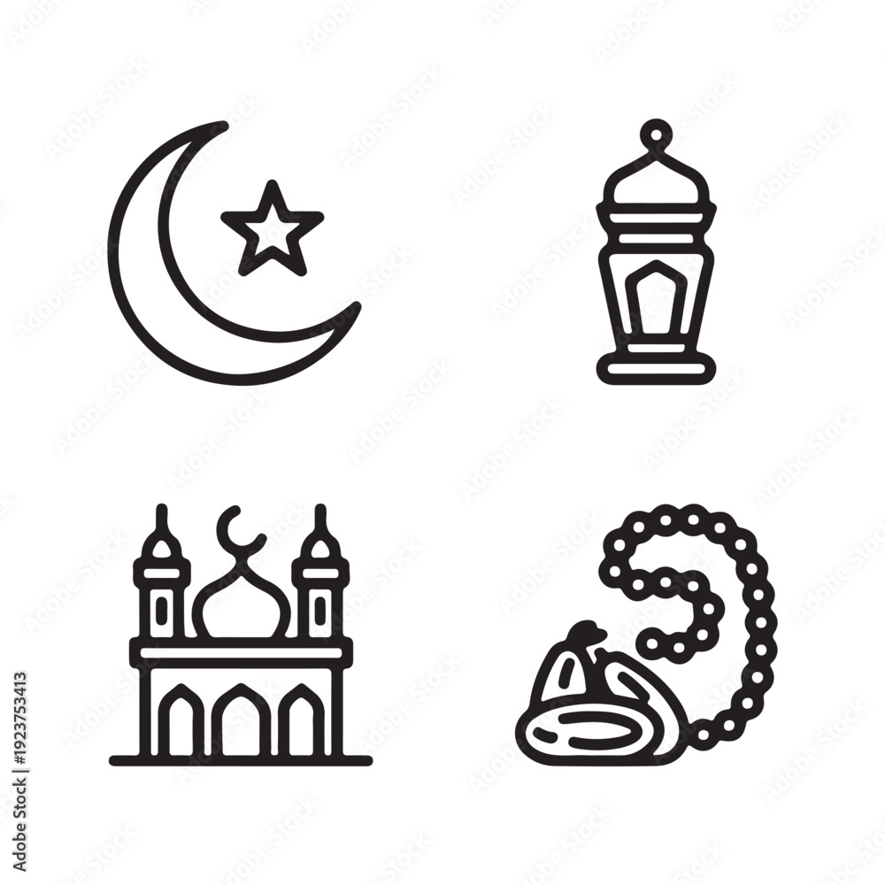 Obraz premium Line Art Ramadan Icons Crescent Star Mosque Prayer Beads Dates islam moon
