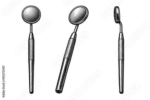 Dental care mouth mirror instrument shown as a single object in straight-on view, angled three-quarter view, and side profile view. Black and