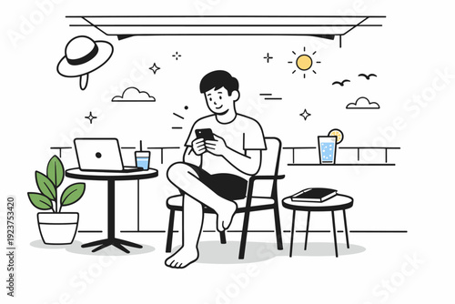 Summer breaks between work sprints. A shaded balcony scene where a person checks the phone briefly before returning to work. Light, mindful pause that supports