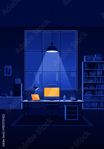 Vector Illustration of Cozy Room with Desk Chair Lamp and Window in Warm Glow i.eps