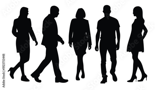  diverse people silhouettes walking together men and women