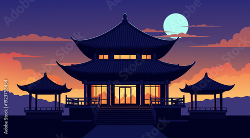 Vector Illustration of a Serene Traditional Chinese Pagoda with Curved Roof, Open Porch, and Walkways at Dusk Under a Full Moonlit Sky
