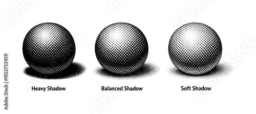 Three spheres with different dot shading techniques demonstrating heavy, balanced, and soft shadows