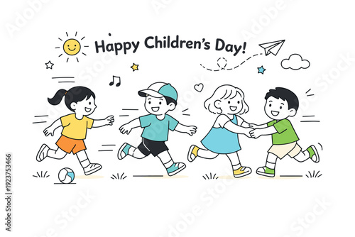 Children?s Day playtime. A friendly outdoor scene with children playing simple games together, running and laughing in a relaxed way. The mood conveys freedom,