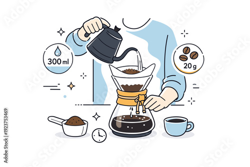 Chemex coffee process. A person pouring hot water over coffee in a Chemex, subtle floating measurement and coffee bean icons, precise and careful brewing mood.