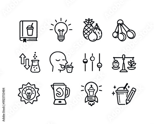 Creative Smoothie Recipes. Line outline icon set of Creative Smoothie Recipes: recipe book,