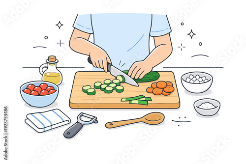 DIY food projects. Person chopping vegetables on a clean kitchen table with simple tools nearby. Hands-on cooking, calm focus, and homemade creativity in
