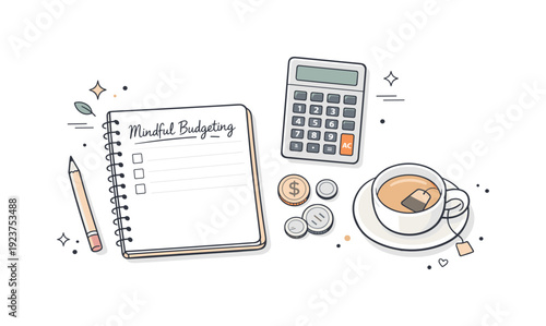 Mindful budgeting with a notebook, calculator, coins, and a cup of tea