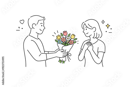 Anniversary with spring flowers. A person giving a bouquet to their partner, gentle smiles and relaxed posture. Romantic gesture, seasonal