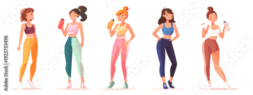 set of illustration of a sports woman fitness group of girls 