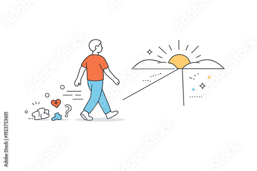 People symbolizing fresh start or personal growth. A character leaving behind small abstract shapes while moving toward a clear, open path