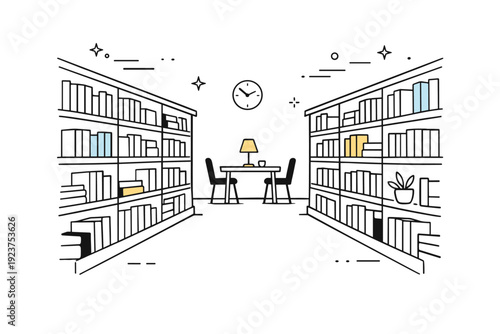 Reading rooms stillness. Empty library aisle with low light and clean rows of books, ambient stillness across the scene. Timeless quiet and intellectual rest.