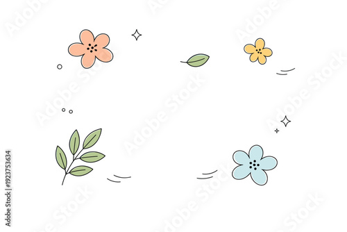 Elegant botanical accents. A few simple leaves and flowers gently floating on a white background, emphasizing openness and visual breathing room. The mood is