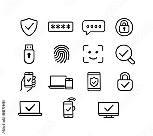 Two factor authentication. Line outline icon set of Two factor authentication: two factor