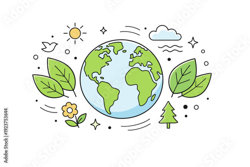 Earth Day background. A calm editorial scene with a simple globe surrounded by leaves and abstract nature symbols, feeling of care and environmental harmony.