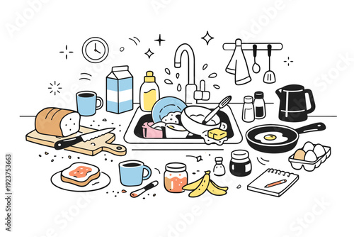 Messy kitchens realism. A lived-in kitchen with dishes in the sink, crumbs on the counter, and everyday items left where they were used. The scene feels honest