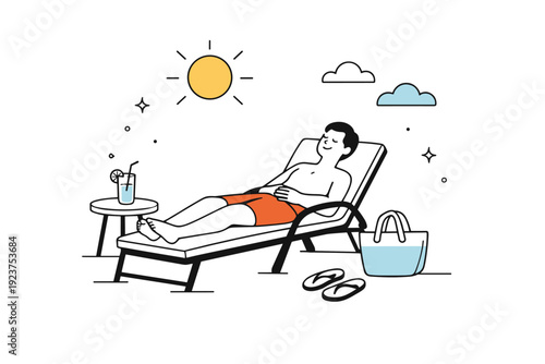 Sunbathing minimal lifestyle scenes. A person relaxes on a sun lounger with eyes closed, enjoying warm sunlight in a quiet outdoor space. The scene feels slow,