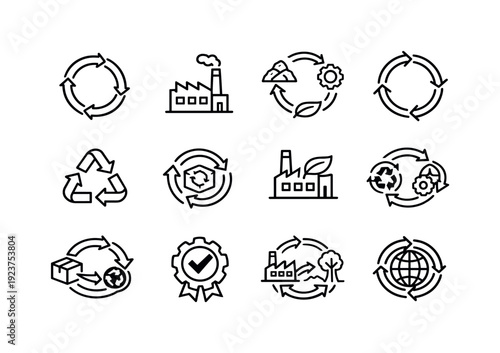 Circular Economy in Manufacturing. Line outline icon set of Circular Economy in