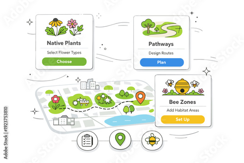 Pollinator corridor planning tools. Floating elements of a mobile or tablet interface with simple icons for native plants, paths, and bee zones in an urban