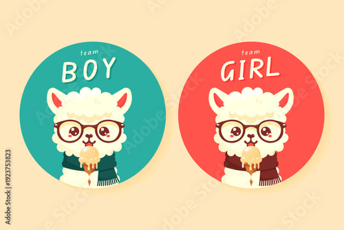 Gender reveal party sticker set with cute alpaca boy and girl vector illustration.