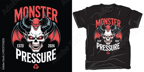 Monster skull with demon horns and wings text monster pressure