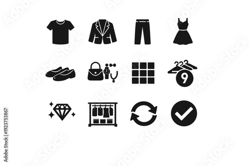 Building a capsule wardrobe. Solid icon set of building a capsule wardrobe: essential t shirt, classic blazer, neutral trousers, versatile dress, minimalist