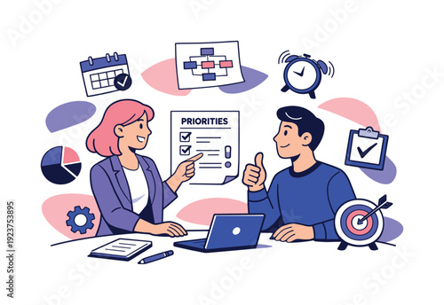 Operational planning. Paper sheets and task icons floating around the table, woman pointing