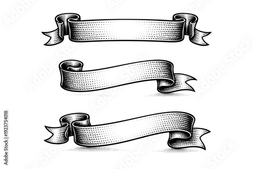 Banner-style dotted halftone border ribbon A wide banner-style border ribbon presented in front view, side view, and three-quarter