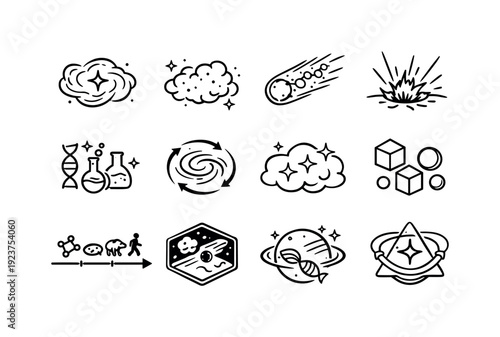 Cosmic Life Icons. Cosmic Origins of Life. Line outline icon set of Cosmic Origins of Life: star formation