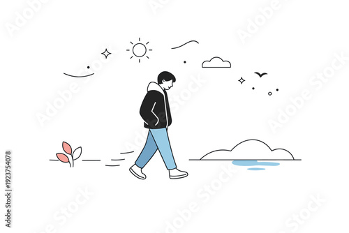 Quiet social isolation moments. Individual walking alone through an open space, slow pace and introspective mood. Peaceful solitude with gentle motion lines