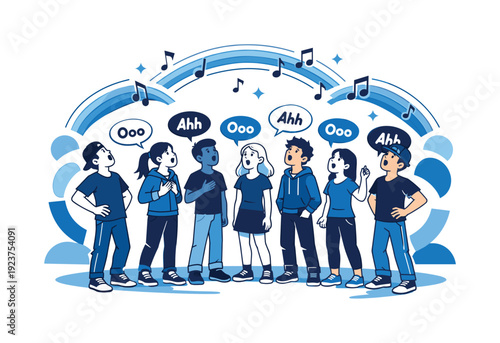 Youth vocal class. Teenagers standing in a semicircle, warming up voices, sound waves and