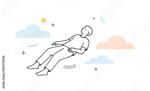 Person floating peacefully in a dreamlike sky with clouds, stars, sun, and moon