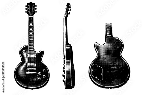 Electric guitar, single-cut electric guitar with carved top, fixed bridge, and classic headstock presented in three views emphasizing body