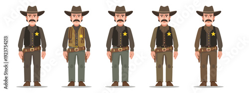 set of wild west style sheriffs vintage mens fashion flat style vector illustration isolated on white background