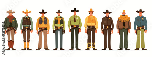 set of wild west style sheriffs vintage mens fashion flat style vector illustration isolated on white background
